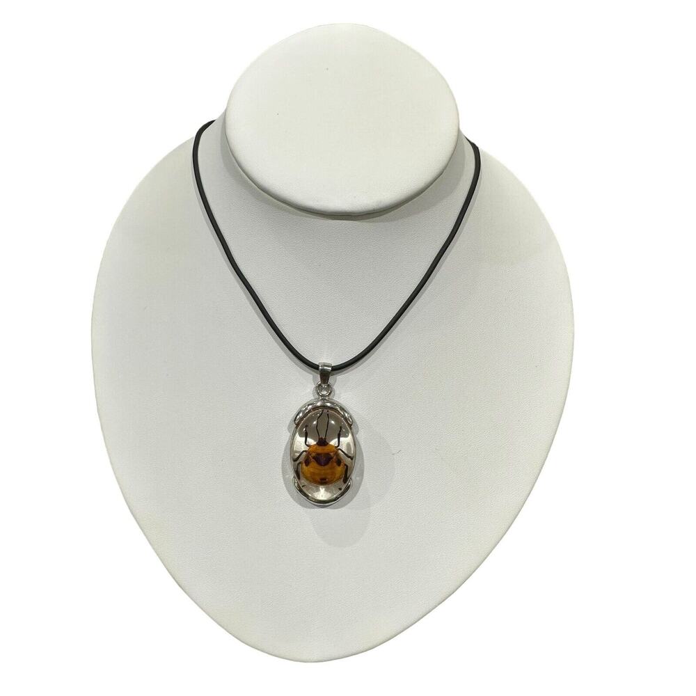 Real Beetle in Lucite With Silver Metal Findings Fancy Necklace Black Cord EUC